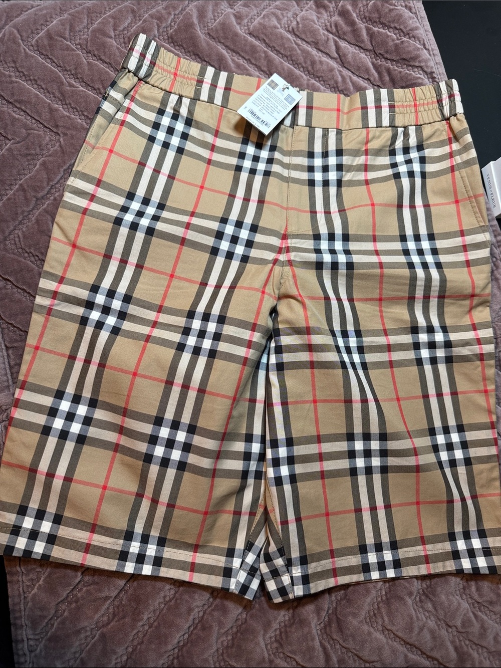Burberry Beige Nova Check Kids Shorts with Black & Red Stripes